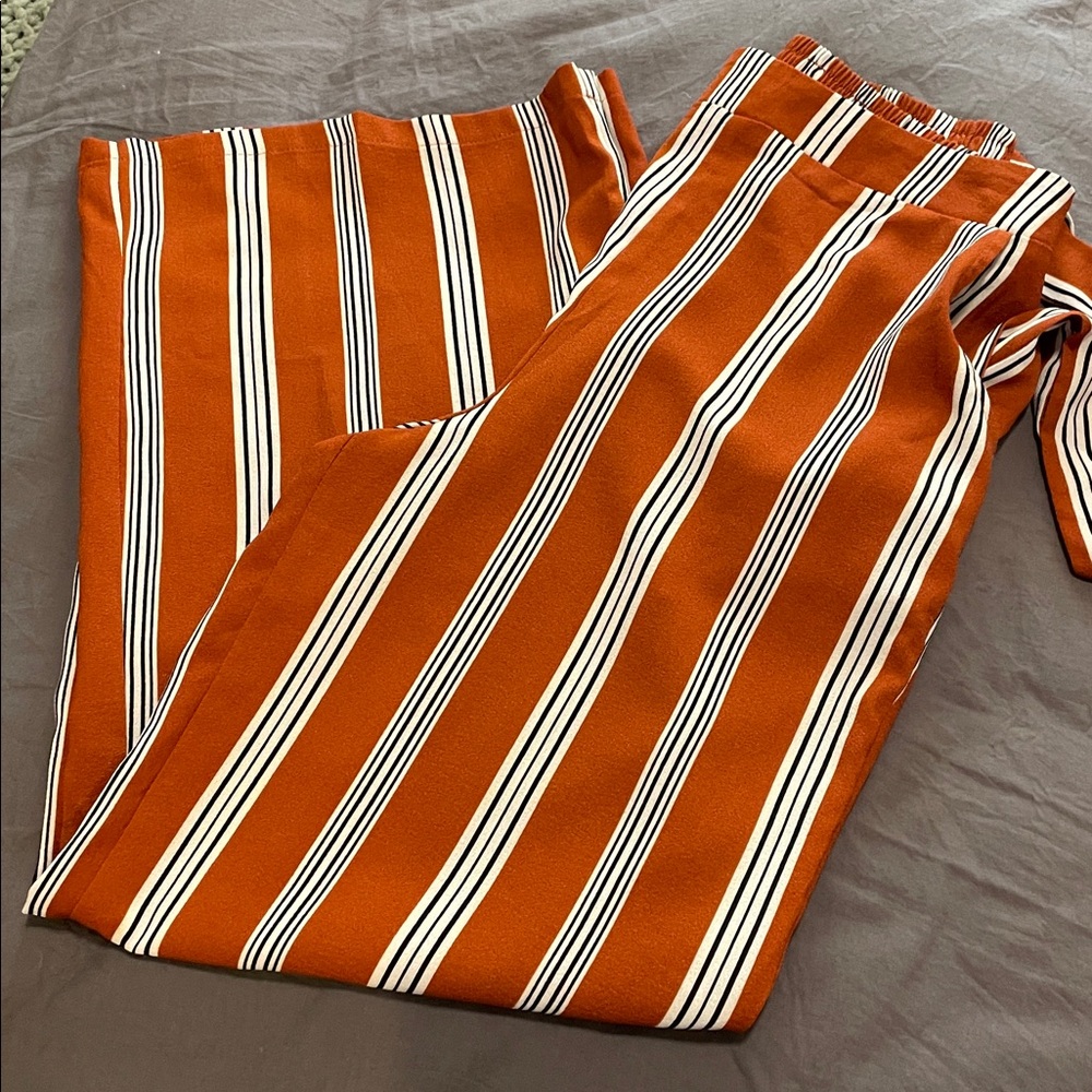 E&M Striped WideLeg Pants Size M Rust Cream Easywear Relaxed Summer Vacation